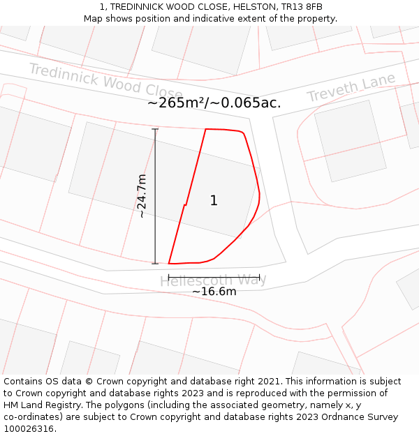 1, TREDINNICK WOOD CLOSE, HELSTON, TR13 8FB: Plot and title map