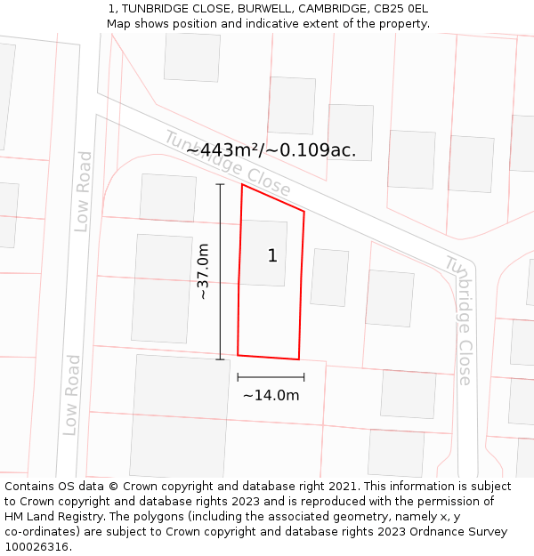 1, TUNBRIDGE CLOSE, BURWELL, CAMBRIDGE, CB25 0EL: Plot and title map