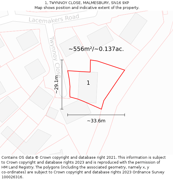 1, TWYNNOY CLOSE, MALMESBURY, SN16 9XP: Plot and title map