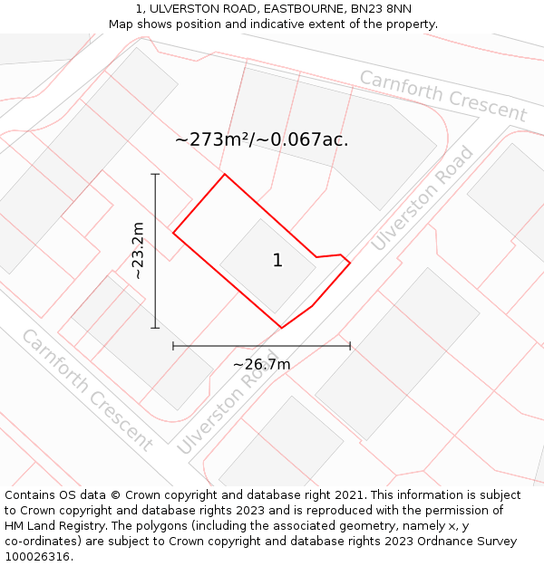 1, ULVERSTON ROAD, EASTBOURNE, BN23 8NN: Plot and title map