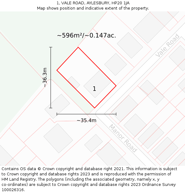 1, VALE ROAD, AYLESBURY, HP20 1JA: Plot and title map