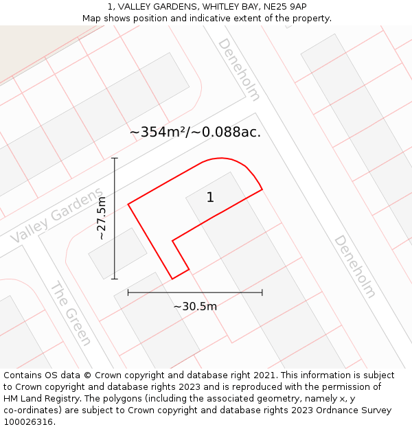 1, VALLEY GARDENS, WHITLEY BAY, NE25 9AP: Plot and title map