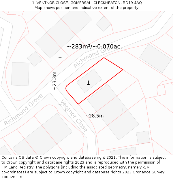 1, VENTNOR CLOSE, GOMERSAL, CLECKHEATON, BD19 4AQ: Plot and title map