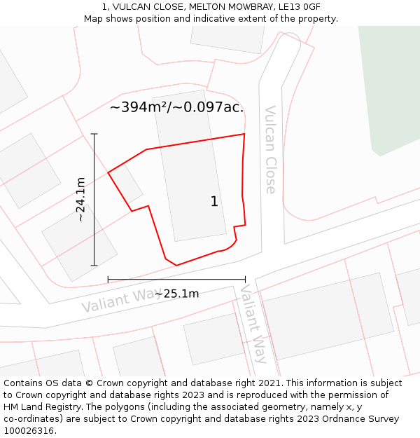 1, VULCAN CLOSE, MELTON MOWBRAY, LE13 0GF: Plot and title map