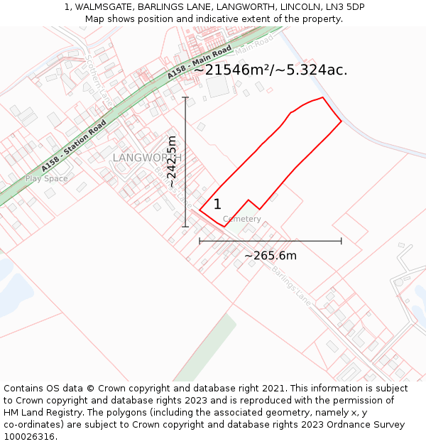 1, WALMSGATE, BARLINGS LANE, LANGWORTH, LINCOLN, LN3 5DP: Plot and title map