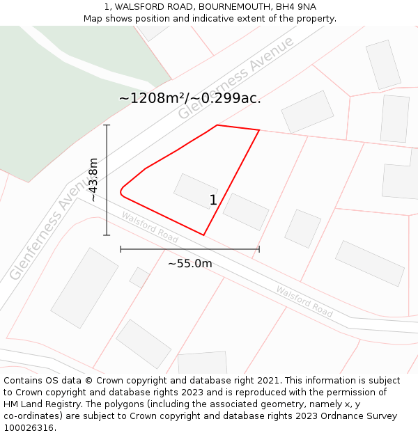 1, WALSFORD ROAD, BOURNEMOUTH, BH4 9NA: Plot and title map