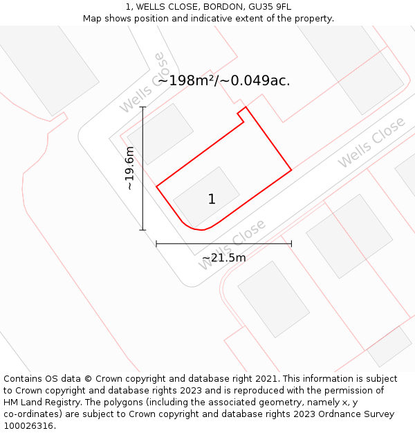 1, WELLS CLOSE, BORDON, GU35 9FL: Plot and title map