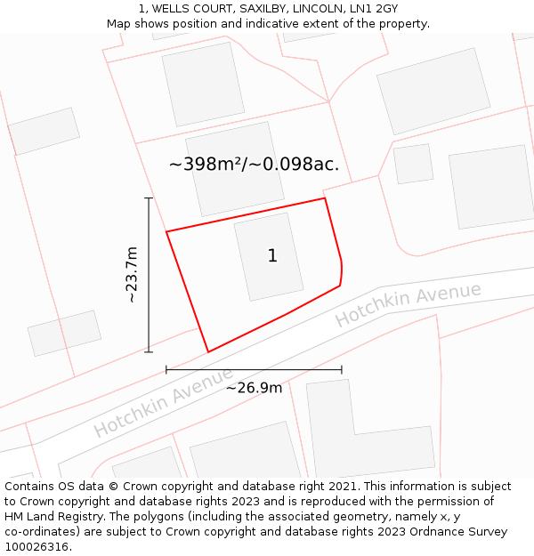 1, WELLS COURT, SAXILBY, LINCOLN, LN1 2GY: Plot and title map