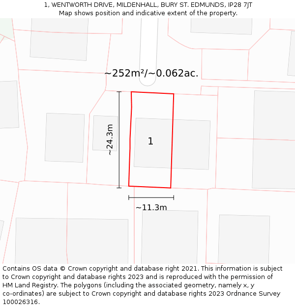 1, WENTWORTH DRIVE, MILDENHALL, BURY ST. EDMUNDS, IP28 7JT: Plot and title map