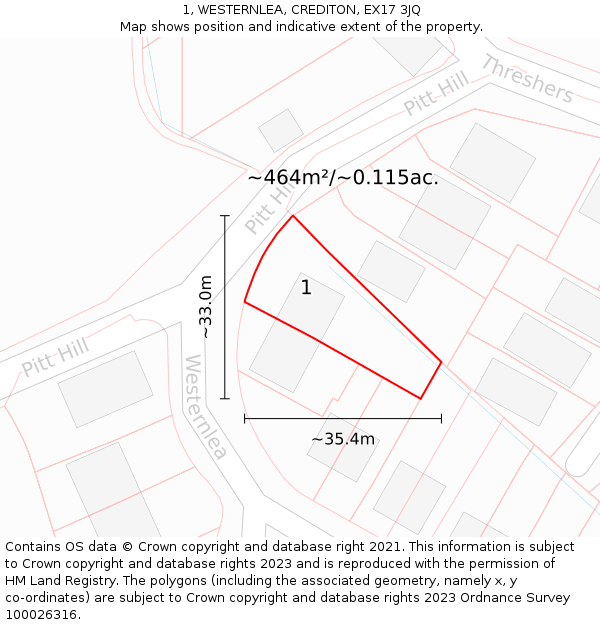 1, WESTERNLEA, CREDITON, EX17 3JQ: Plot and title map