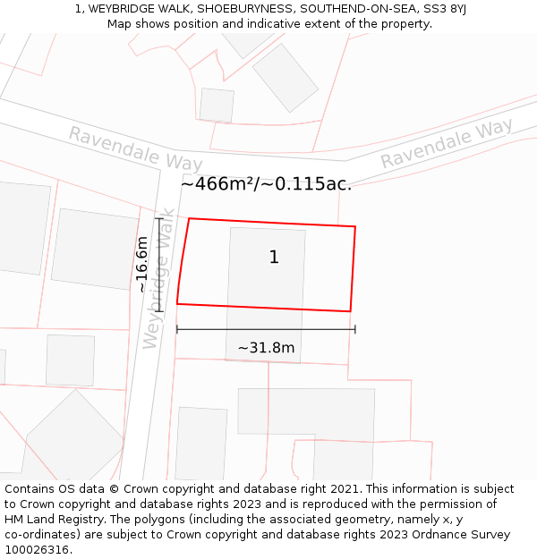 1, WEYBRIDGE WALK, SHOEBURYNESS, SOUTHEND-ON-SEA, SS3 8YJ: Plot and title map