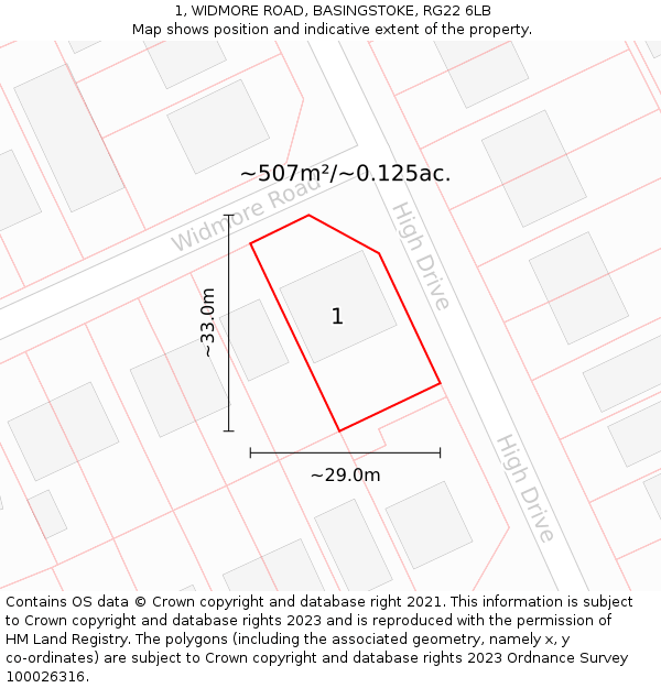 1, WIDMORE ROAD, BASINGSTOKE, RG22 6LB: Plot and title map