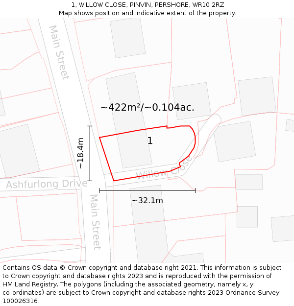 1, WILLOW CLOSE, PINVIN, PERSHORE, WR10 2RZ: Plot and title map