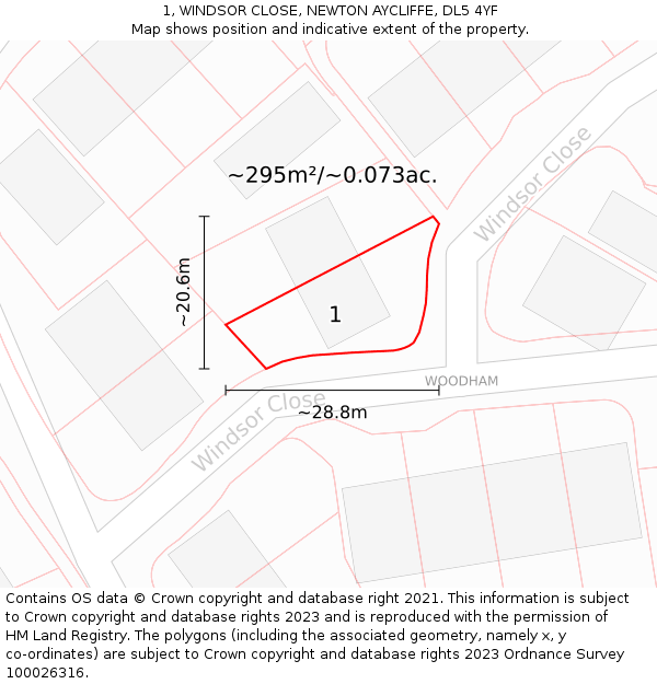 1, WINDSOR CLOSE, NEWTON AYCLIFFE, DL5 4YF: Plot and title map