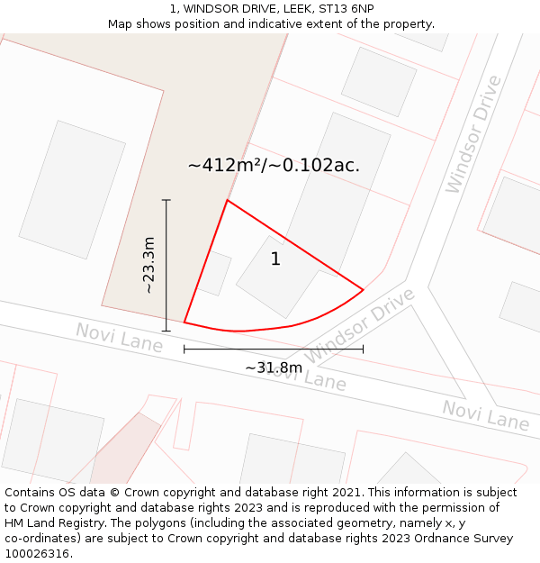 1, WINDSOR DRIVE, LEEK, ST13 6NP: Plot and title map