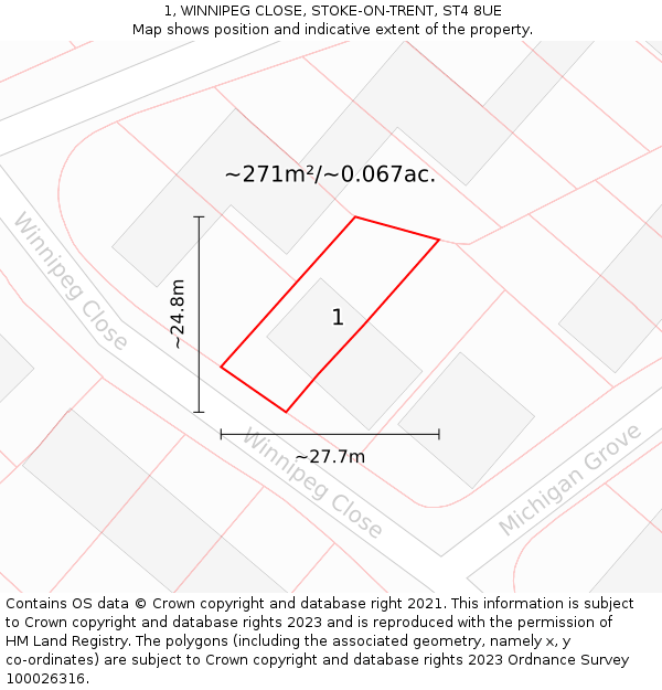 1, WINNIPEG CLOSE, STOKE-ON-TRENT, ST4 8UE: Plot and title map