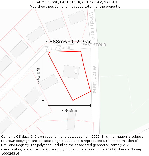 1, WITCH CLOSE, EAST STOUR, GILLINGHAM, SP8 5LB: Plot and title map