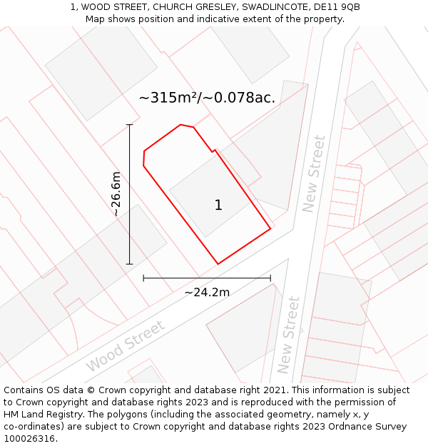 1, WOOD STREET, CHURCH GRESLEY, SWADLINCOTE, DE11 9QB: Plot and title map