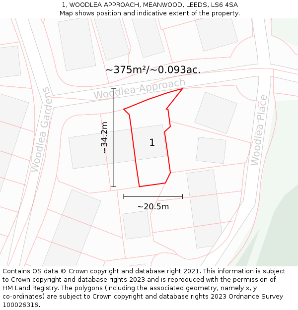 1, WOODLEA APPROACH, MEANWOOD, LEEDS, LS6 4SA: Plot and title map