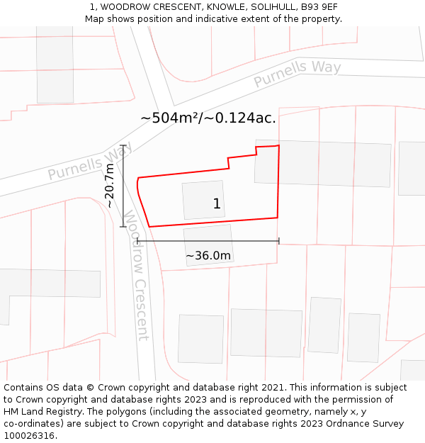 1, WOODROW CRESCENT, KNOWLE, SOLIHULL, B93 9EF: Plot and title map