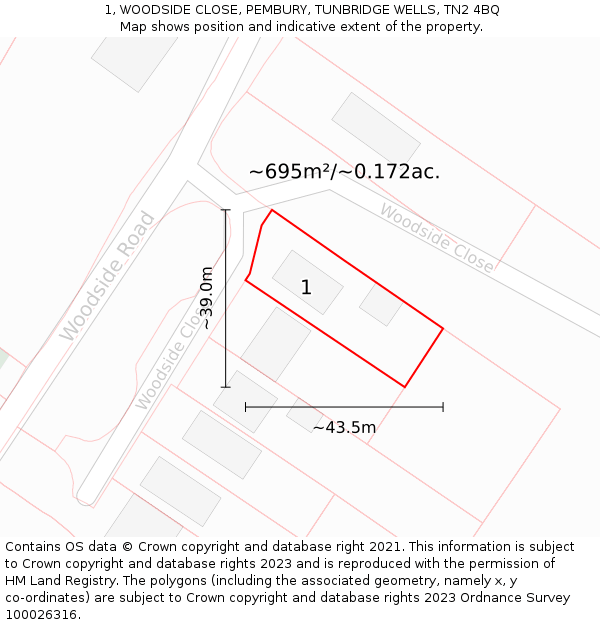 1, WOODSIDE CLOSE, PEMBURY, TUNBRIDGE WELLS, TN2 4BQ: Plot and title map