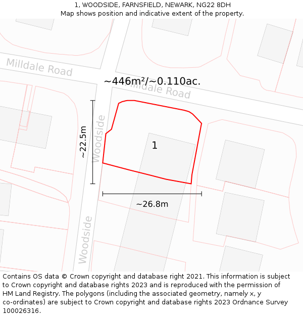 1, WOODSIDE, FARNSFIELD, NEWARK, NG22 8DH: Plot and title map