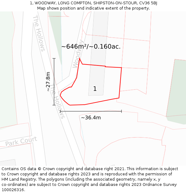 1, WOODWAY, LONG COMPTON, SHIPSTON-ON-STOUR, CV36 5BJ: Plot and title map