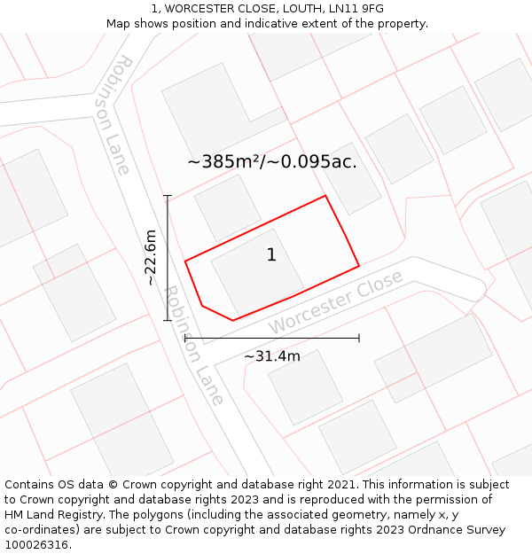 1, WORCESTER CLOSE, LOUTH, LN11 9FG: Plot and title map