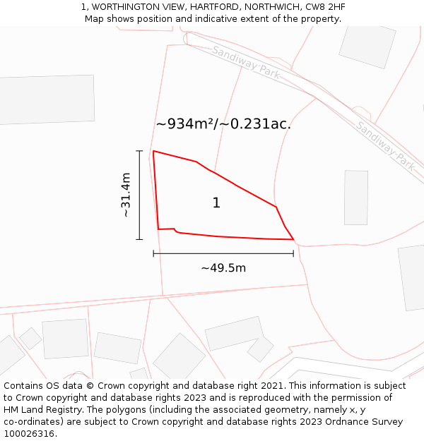 1, WORTHINGTON VIEW, HARTFORD, NORTHWICH, CW8 2HF: Plot and title map