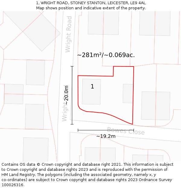 1, WRIGHT ROAD, STONEY STANTON, LEICESTER, LE9 4AL: Plot and title map