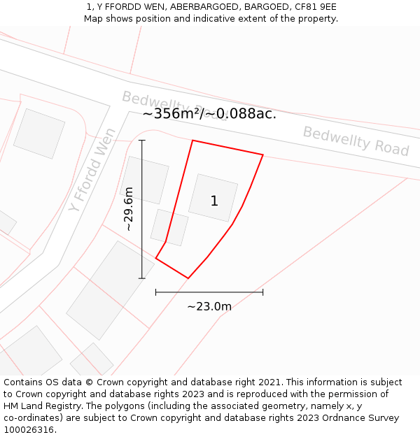 1, Y FFORDD WEN, ABERBARGOED, BARGOED, CF81 9EE: Plot and title map