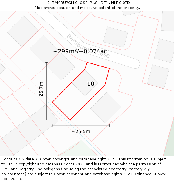 10, BAMBURGH CLOSE, RUSHDEN, NN10 0TD: Plot and title map