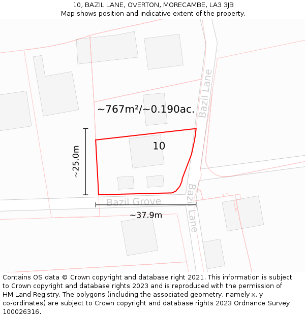 10, BAZIL LANE, OVERTON, MORECAMBE, LA3 3JB: Plot and title map