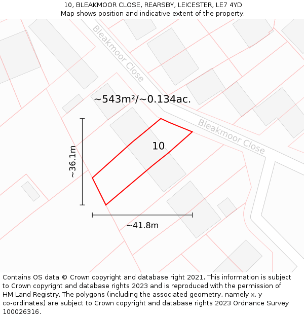 10, BLEAKMOOR CLOSE, REARSBY, LEICESTER, LE7 4YD: Plot and title map