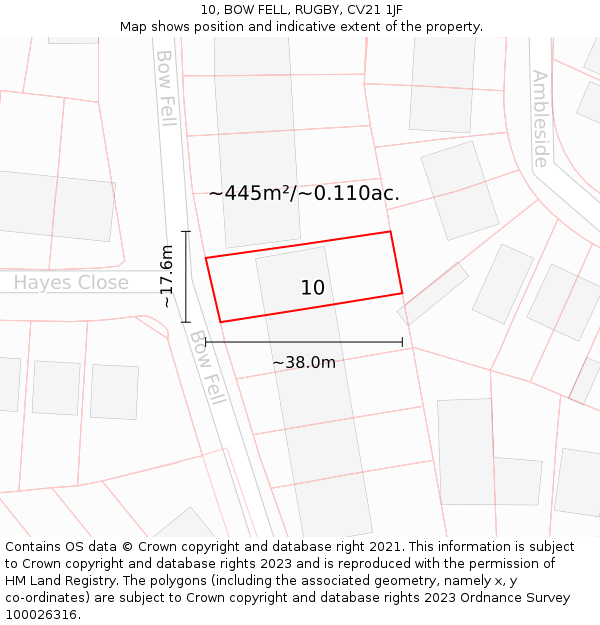 10, BOW FELL, RUGBY, CV21 1JF: Plot and title map