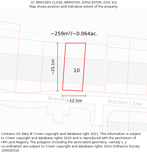 10, BRACKEN CLOSE, BRANTON, DONCASTER, DN3 3UL: Plot and title map