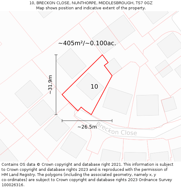 10, BRECKON CLOSE, NUNTHORPE, MIDDLESBROUGH, TS7 0GZ: Plot and title map