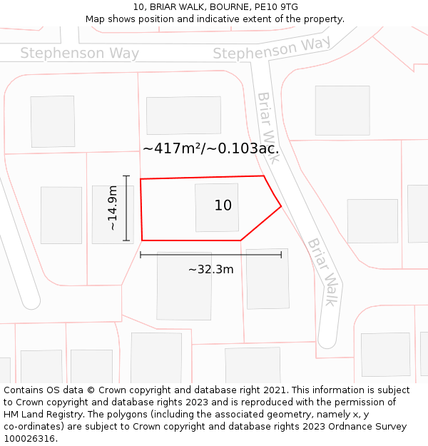 10, BRIAR WALK, BOURNE, PE10 9TG: Plot and title map