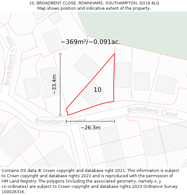 10, BROADBENT CLOSE, ROWNHAMS, SOUTHAMPTON, SO16 8LQ: Plot and title map