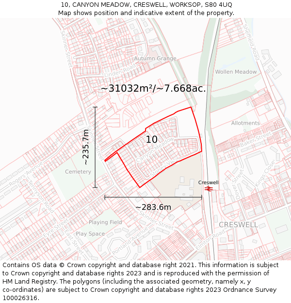 10, CANYON MEADOW, CRESWELL, WORKSOP, S80 4UQ: Plot and title map