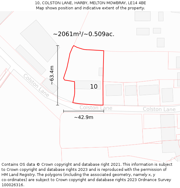 10, COLSTON LANE, HARBY, MELTON MOWBRAY, LE14 4BE: Plot and title map