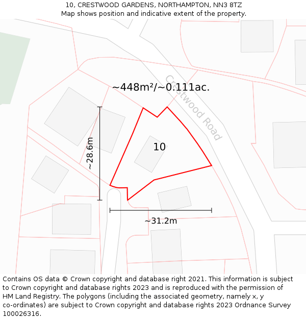 10, CRESTWOOD GARDENS, NORTHAMPTON, NN3 8TZ: Plot and title map