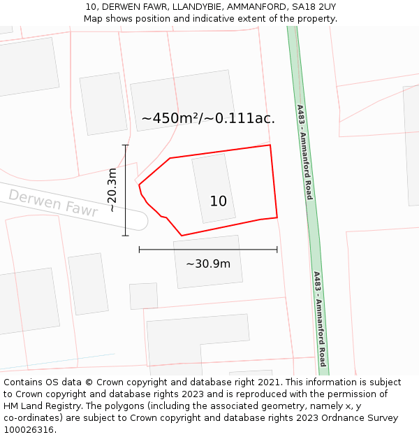 10, DERWEN FAWR, LLANDYBIE, AMMANFORD, SA18 2UY: Plot and title map