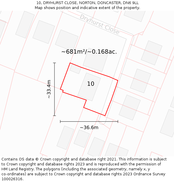 10, DRYHURST CLOSE, NORTON, DONCASTER, DN6 9LL: Plot and title map