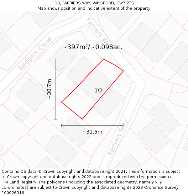 10, FARRIERS WAY, WINSFORD, CW7 2TS: Plot and title map