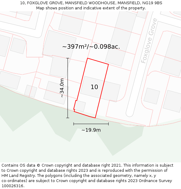 10, FOXGLOVE GROVE, MANSFIELD WOODHOUSE, MANSFIELD, NG19 9BS: Plot and title map