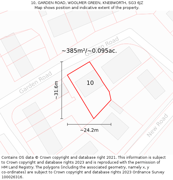 10, GARDEN ROAD, WOOLMER GREEN, KNEBWORTH, SG3 6JZ: Plot and title map