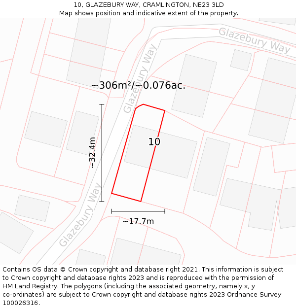 10, GLAZEBURY WAY, CRAMLINGTON, NE23 3LD: Plot and title map