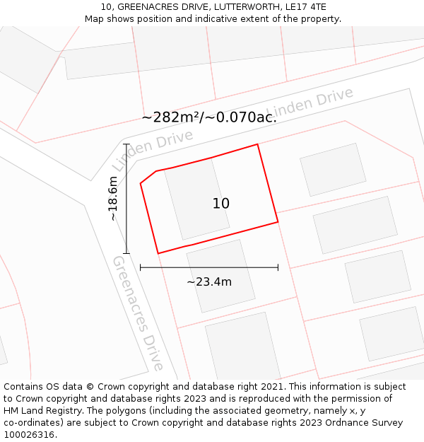 10, GREENACRES DRIVE, LUTTERWORTH, LE17 4TE: Plot and title map