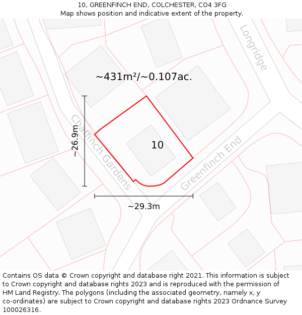 10, GREENFINCH END, COLCHESTER, CO4 3FG: Plot and title map